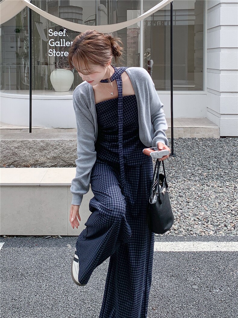 洋气时髦设计感复古格纹套装女2026春夏新款开衫吊带阔腿裤三件套,女装套装/套裙,艾米莉亚