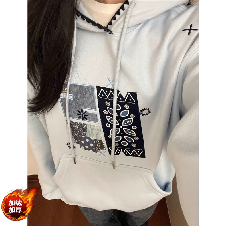 美式高街蓝色刺绣贴布连帽卫衣女秋冬设计感小众潮牌外套图片