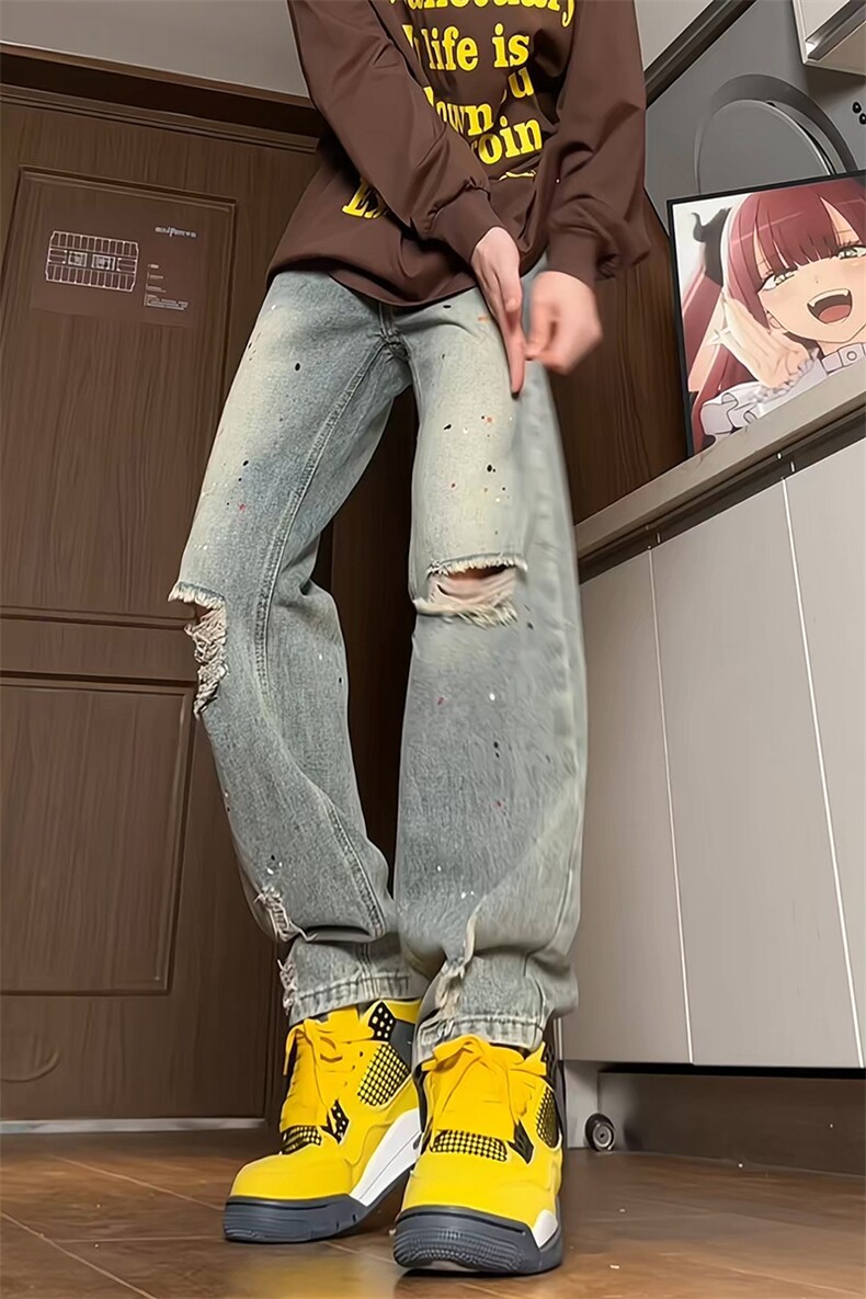 宽松直筒破洞漆点牛仔裤男生长裤KD608-P30,男装牛仔裤,电商D312-1