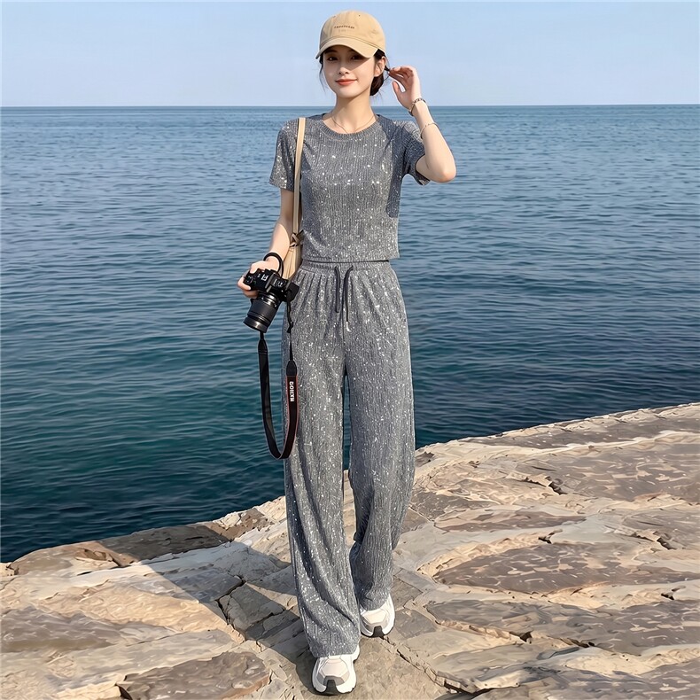 时髦洋气亮闪闪重工阔腿裤套装女夏季慵懒风修身显瘦短袖两件套潮，女装套装/套裙，江南