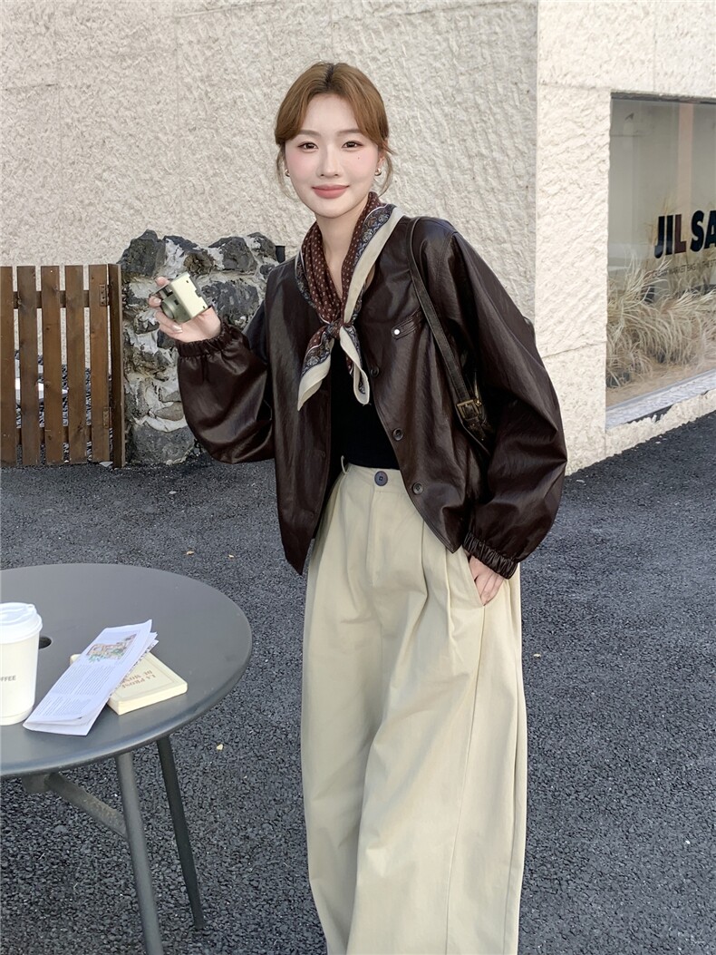 棕色复古美拉德短款皮衣外套女2025秋小个子又酷又飒圆领PU皮夹克,女装皮衣,慧尚依恋