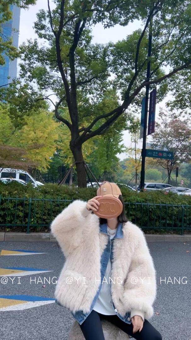 皮草拼牛仔外套，女装皮草，一杭