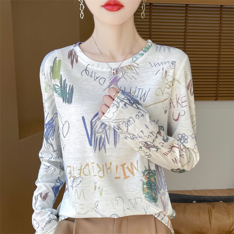 秋季新款天丝女圆领水墨画长袖正品细绒棉打底衫时尚亲肤上衣，女装针织衫/毛衣，羊特美羊绒