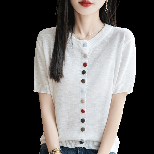 竹节麻彩色纽扣冰丝针织开衫女夏薄款宽松显瘦短袖T恤上衣小衫潮,女装T恤,菲奥羊绒