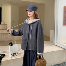 现货新款秋冬新款针织连帽拼接长袖羊绒外套女短款双面羊绒大衣潮，女装羊绒大衣，网红馆