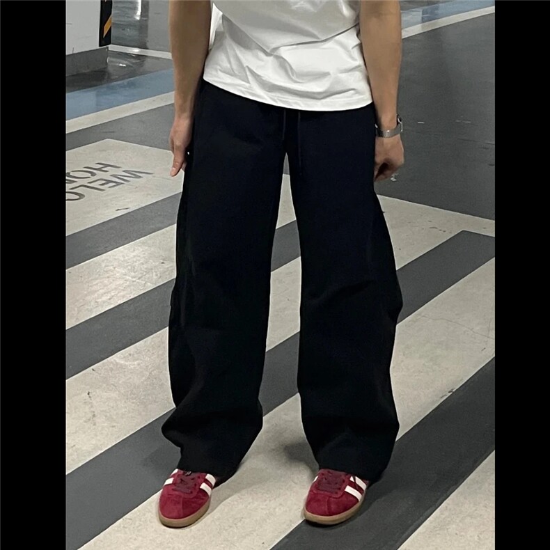 美式复古拼接褶皱伞兵工装裤男春夏季百搭宽松直筒休闲裤,男装牛仔裤,四季星座505