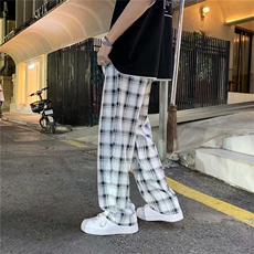 夏季薄款裤男ins潮牌宽松韩阔腿裤新款直筒格子裤子男K781-P30，男装休闲裤，星座512-2