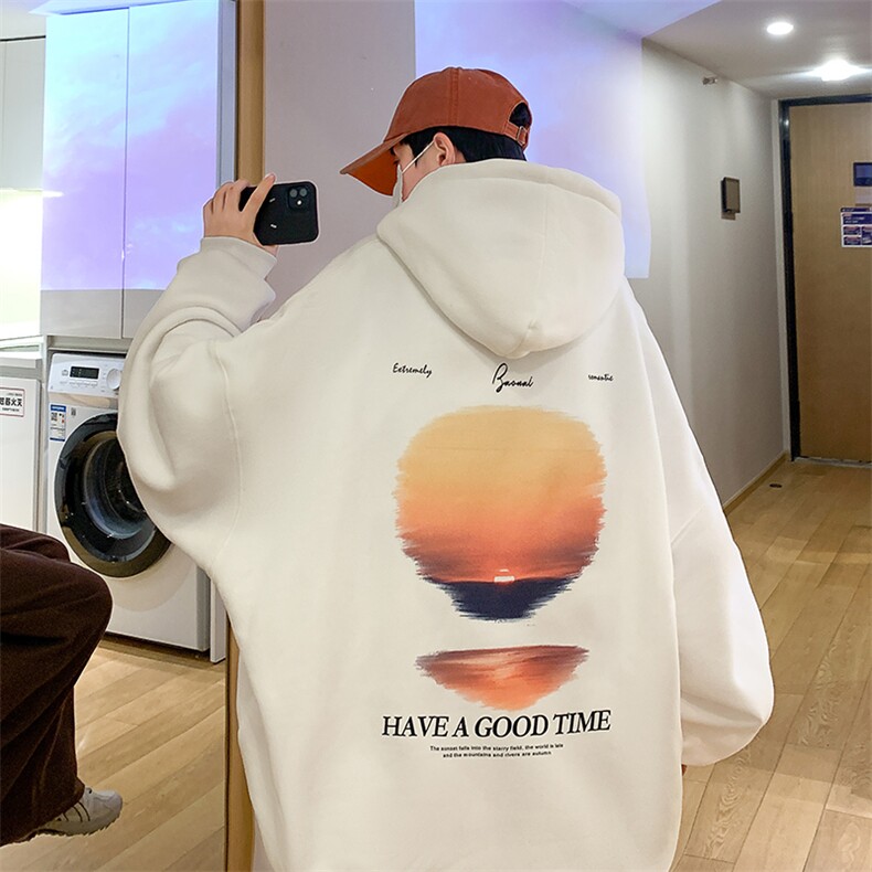 XZ517A-1-WY812P48控58港风大码夕阳风景印花连帽卫衣，男装卫衣，星座517A-1