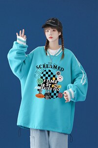 中性风 2023秋季新款港风潮牌棋盘格印花宽松百搭卫衣B06p55控68图片