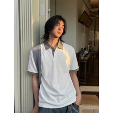 得物抖音高品质二开夏季美式潮牌假两件格子衬衫翻领高街短袖T恤，男装T恤，电商A486
