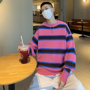 春秋季条纹毛衣男软糯温柔慵懒风宽松复古ins风宽松休闲款针织衫图片