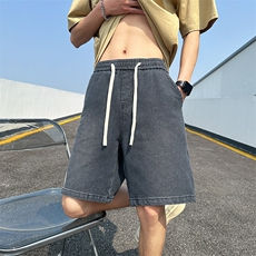 美式阔腿牛仔裤春夏款男休闲宽松直筒抽绳短裤百搭高街潮D3#-P40，男装牛仔裤，电商A178