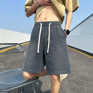 美式阔腿牛仔裤春夏款男休闲宽松直筒抽绳短裤百搭高街潮D3#-P40图片