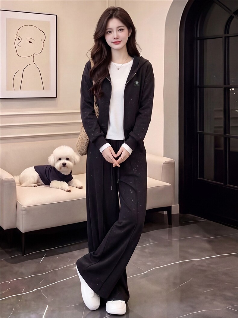 高级感休闲运动套装女春秋双头拉链卫衣内搭白色T恤阔腿裤三件套,女装套装/套裙,江南
