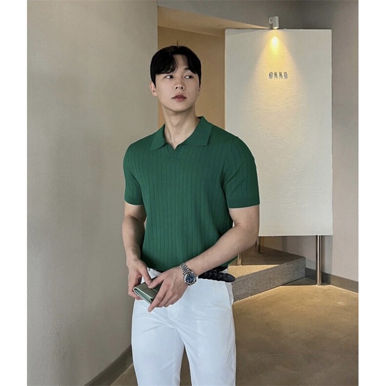 老钱风纯色条纹V领针织男短袖翻领上午冰丝Polo衫PL91/P48,男装Polo衫,电商A243