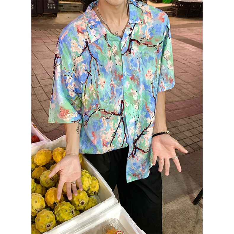 X2433-TP35控价48冰丝花衬衣夏季新款港风复古宽松满印潮衬衫男,男装衬衫,电商A102-1