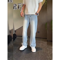 美式高街破洞牛仔裤男夏季薄款乞丐裤子cleanfit高裆直筒微喇长裤，男装牛仔裤，星座506A