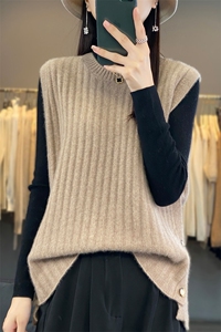 秋冬新款100%羊毛马甲女系扣开叉无袖背心针织毛衣宽松羊绒衫坎肩图片