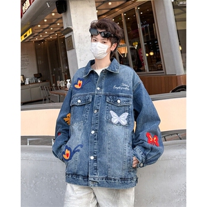 美式复古刺绣蝴蝶牛仔外套男女款宽松翻领百搭夹克潮JK08864-P70图片