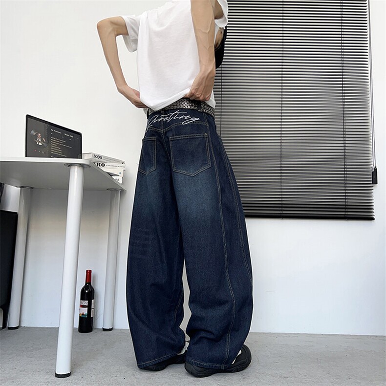 美式复古字母刺绣弯刀牛仔裤男女款夏季宽松休闲潮牌解构阔腿长裤,男装牛仔裤,星座410-6（原星座1304-1）