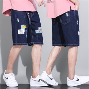 2025夏款休闲弹松紧抽绳男士牛仔中裤大码9707P55模特图图片