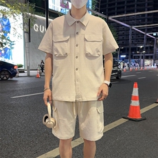 夏季薄款冰丝衬衫短袖短裤两件套装TZ38P65，男装衬衫，电商A309