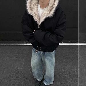 现货高品质美式高街冬季重磅硬挺短款座山雕毛领棉衣男女加厚外套图片
