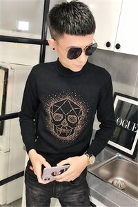2骷髅烫钻针织衫毛衣冬季社会小伙男半高领打底衫C301B-MY18图片