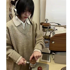重磅北极绒假两件衬衫领毛衣美式高街复古休闲慵懒纯色翻领针织衫，男装针织衫/毛衣，电商A486
