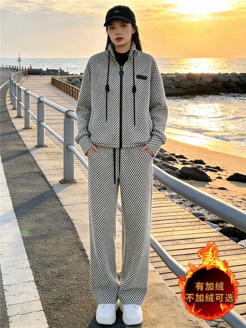 欧货洋气减龄时尚套装女秋冬新款立领拉链开衫卫衣阔腿长裤两件套,女装套装/套裙,江南
