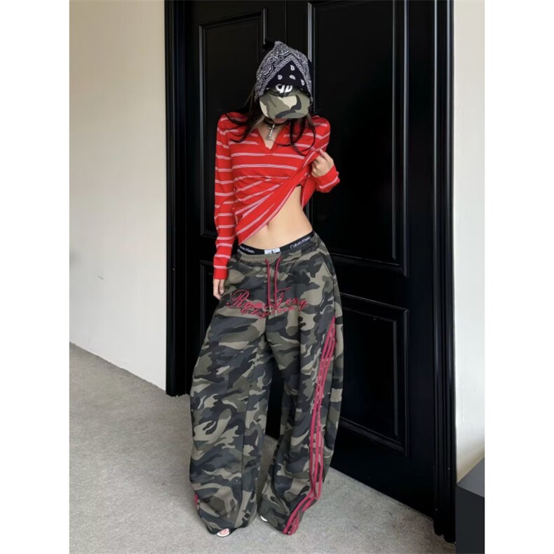 美式复古嘻哈街舞迷彩拼接条纹卫裤宽松阔腿裤拖地长裤K0893-P50,男装休闲裤,星座308B-2