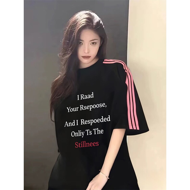 抖音得物品质二开240克宽松纯棉美式潮牌印花三条杠中性风短袖T恤图片