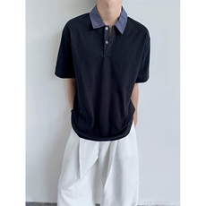 网图有货夏季MIU风撞色蓝格假两件短袖宽松上衣POLO衫男A630-P38，男装Polo衫，星座1505