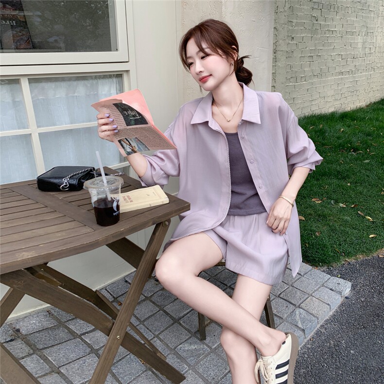 甜美浅紫色轻薄防晒衬衫短裤套装女夏2025新款小个子巨好看两件套,女装套装/套裙,2C176