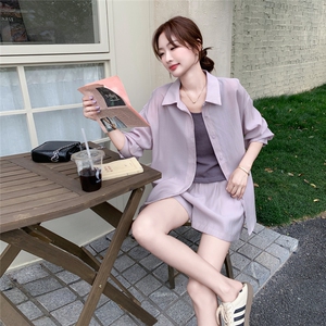 甜美浅紫色轻薄防晒衬衫短裤套装女夏2025新款小个子巨好看两件套图片