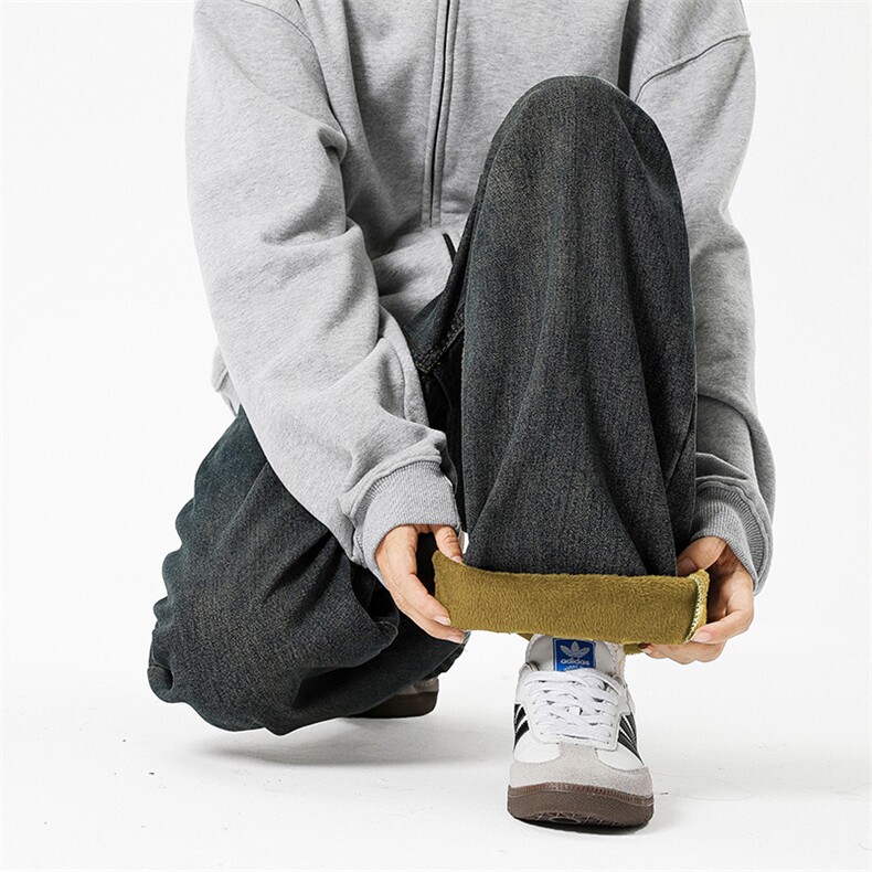 复古蓝牛仔裤男女款加绒弯刀微喇裤子美式高街青少年宽松直筒长裤,男装牛仔裤,星座707