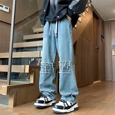 秋冬美式复古水洗印花加拉链高街微喇牛仔裤A158-NZK080-P48，男装牛仔裤，电商A158