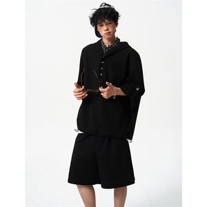 8XL-M高品质莫代尔空气层套装连帽短袖男上衣五分裤两件套TZ110,喇叭袖衬衫搭配背带裤图片