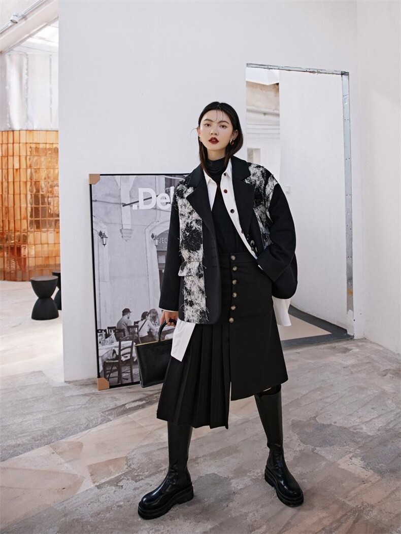 黑色提花夹棉西装，女装西装，YOUER DENG