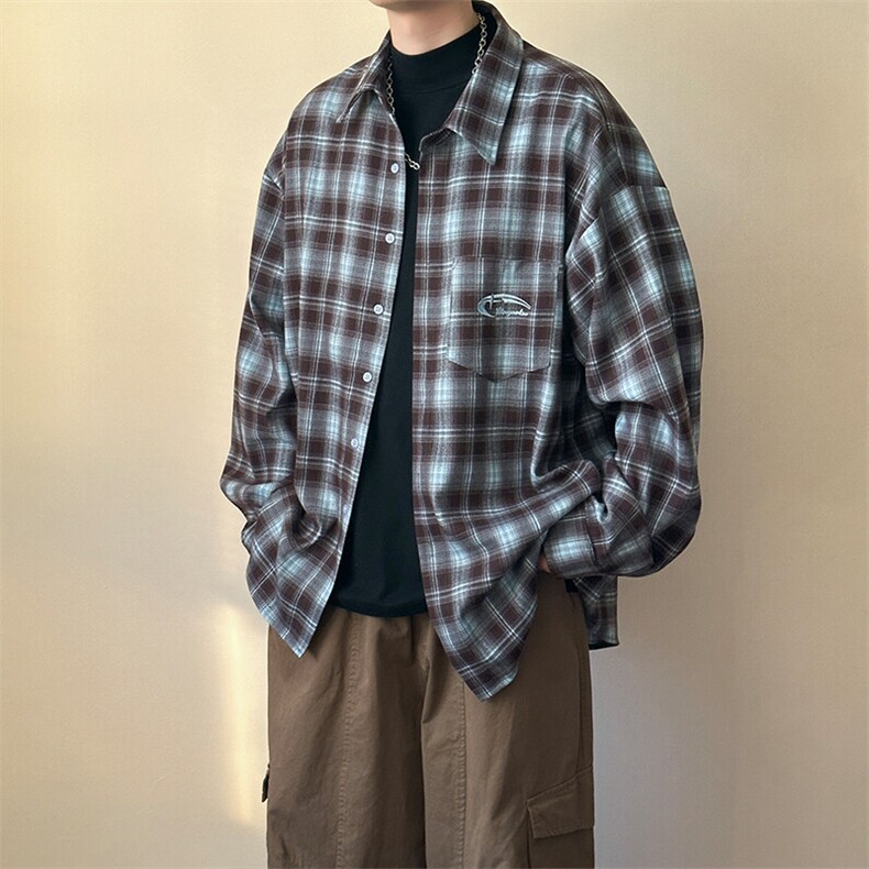 高品质绣花全棉格子长袖衬衣外套潮牌中性AC2308603-特批P60,男装衬衫,电商A351
