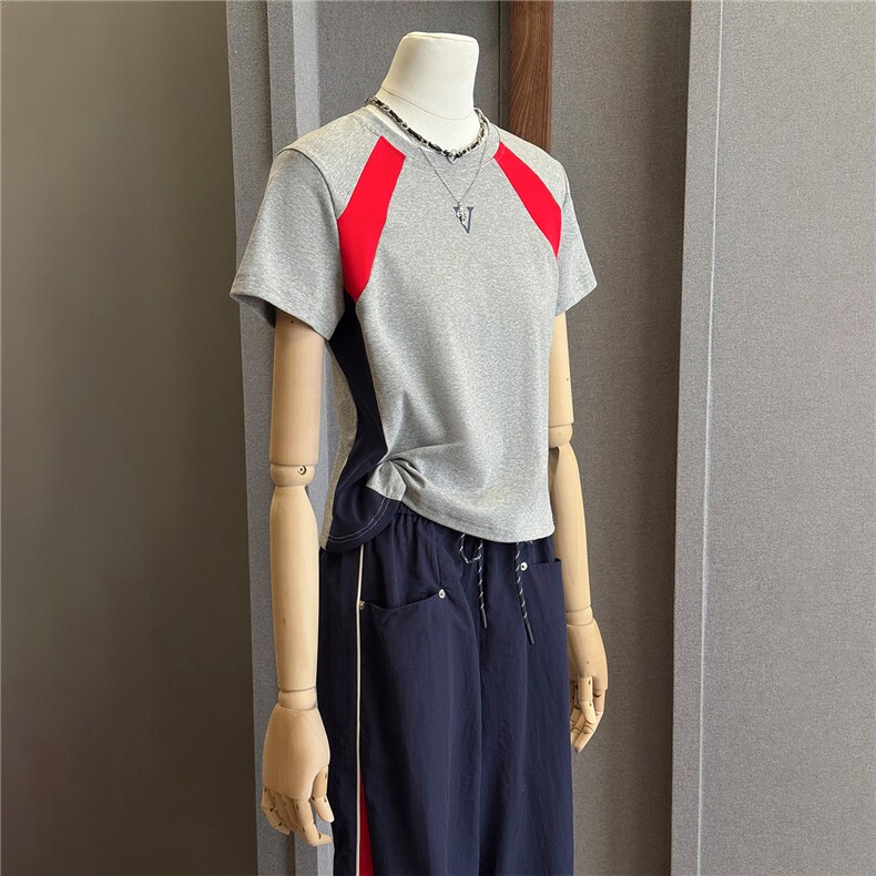 简约时尚休闲套装女夏季新款高级感圆领撞色拼接上衣阔腿裤两件套,女装套装/套裙,江南