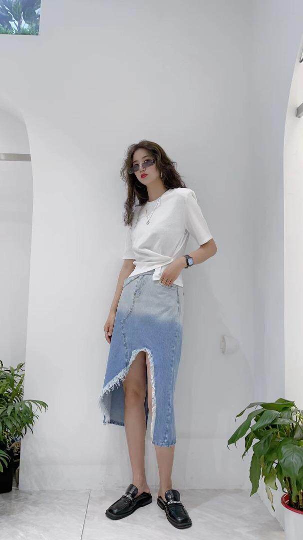 汪尚春·shangchun?U型按扣上衣洋气渐变色牛仔半裙，女装半身裙，SHANGCHUN·W 汪尚春