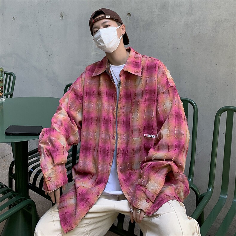 E03P70青年男生休闲格子衬衫双面外套上衣港风青年男装,男装衬衫,星座512-6