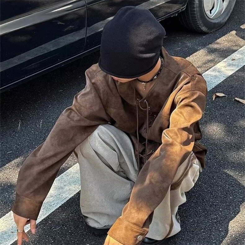 复古棕色抽绳对襟皮衣外套男春秋季夹克小众痞帅上衣服PY34-P76,男装夹克,星座208-5