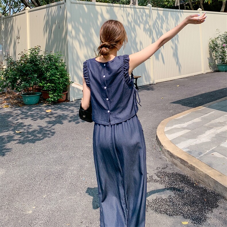 深蓝色休闲时尚套装裙女2025夏季新款独特设计感气质半身裙两件套,女装套装/套裙,浙宝069