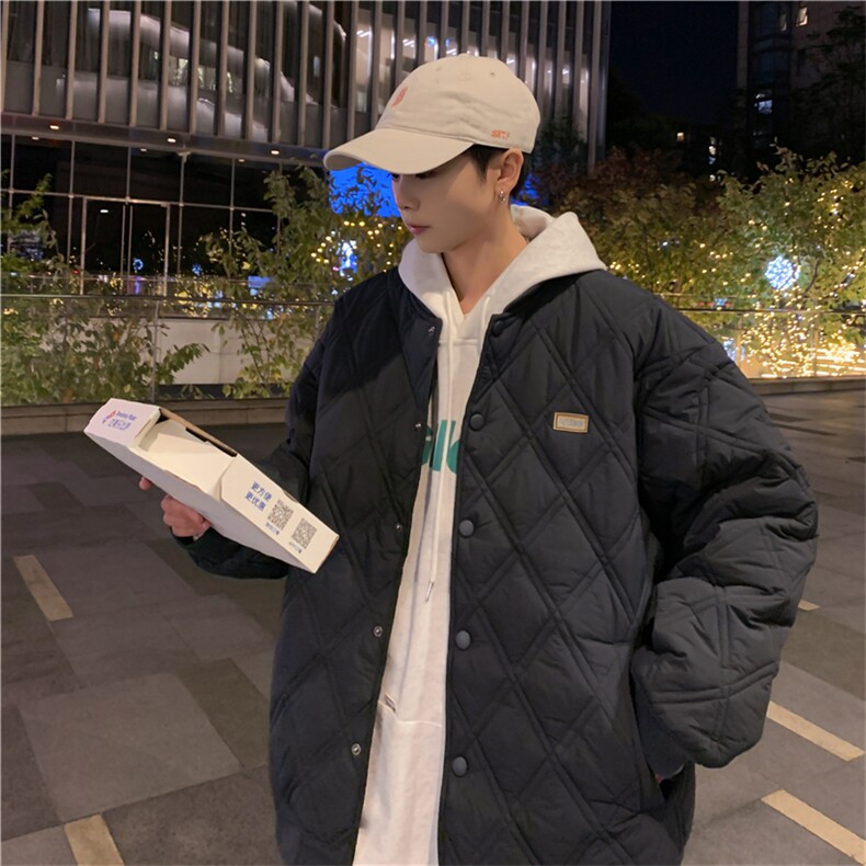2023冬季棒球领ins菱形格情侣加厚棉服潮牌棉衣宽松男W2374-P78,男装棉衣,星座512-2
