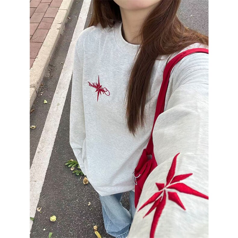 网图有货 北极星背面手写体花刺绣长袖宽松百搭T恤男女 A1037-P38图片