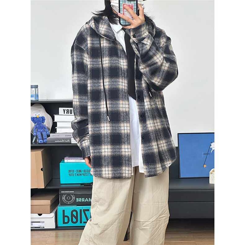 数据毛呢连帽格子衬衫磨毛中性加厚连帽衬衫外套CS069-P48,男装衬衫,星座301C-5