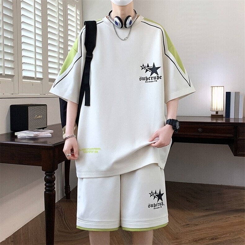 TZ24355-特P50休闲套装男运动夏季短袖两件套港风上衣短裤，男装休闲套装，电商D310B