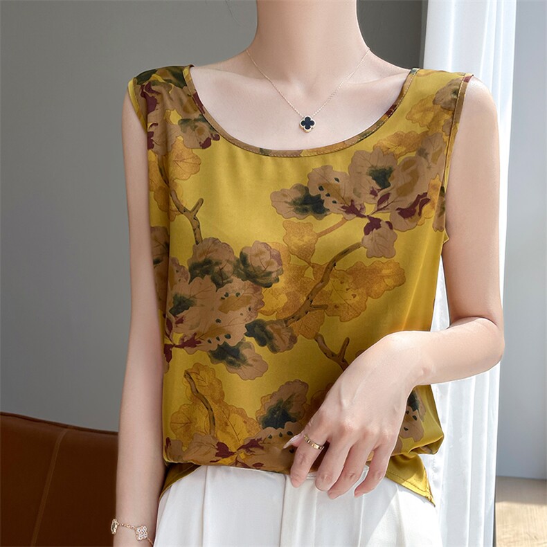 真丝吊带背心女西装内搭外穿无袖上衣夏季桑蚕丝圆领印花打底衫,女装背心吊带,朝贺羊绒